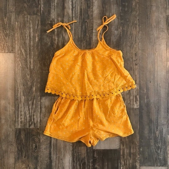 Aerie Golden Yellow Floral Embroidered Tie Strap Romper - Small - Picture 2 of 7